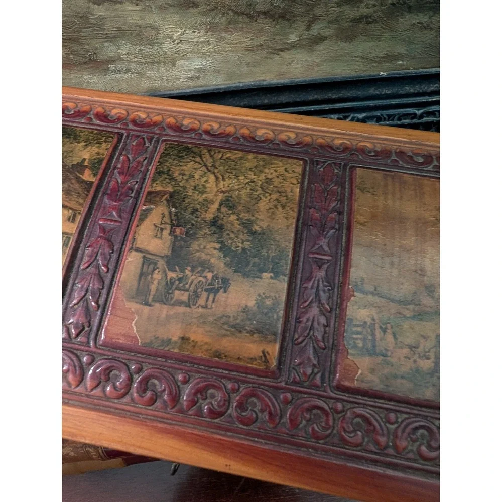 Vintage Carved Cedar Wood Jewelry Box Pastoral Landscape Mirror Trinket Chest